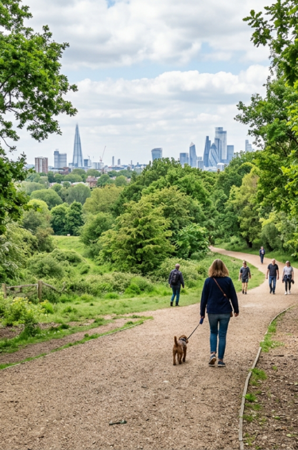 People walking on a gravel path through a green park with trees and city skyline in the distance