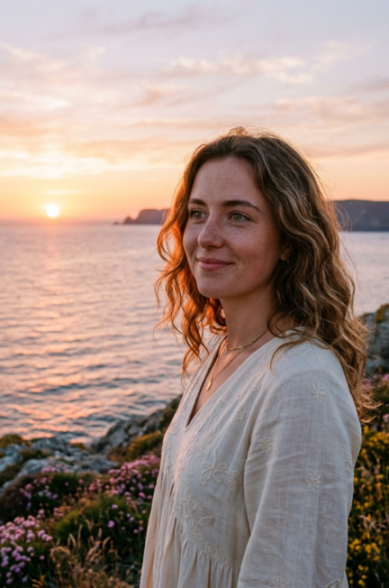 Woman standing near rocky coastline with flowers at sunset