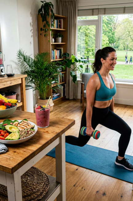 Woman doing lunges with dumbbells on a yoga mat near a table with a salad bowl, smoothie, and glass of water.