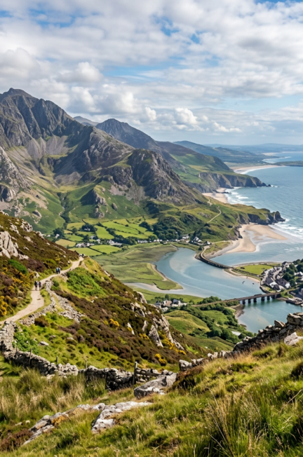 Mountain valley with hiking trail, river, bridges, and coastal beaches